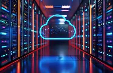 Aufkleber - Modern server room with glowing blue cloud icon and digital data points, representing advanced cloud computing and network infrastructure, great for illustrating analytics, AI, and tech systems