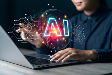 woman using laptop interacts with futuristic ai technology globe glowing digital interface future in