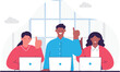 © M Graphics 22 - Diverse business team working together on laptops in modern office workspace collaboration teamwork concept illustration