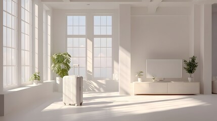 Aufkleber - A serene and spacious minimalist white room with tall that cast soft shadows a lone suitcase and indoor plants creating a peaceful uncluttered atmosphere