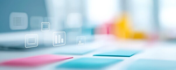 Wall Mural - marketing metrics engagement optimization concept. blurred workspace with digital icons and colorful