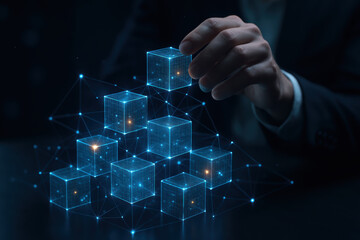 the illustrates the concept digital connection and networking as a arranges translucent cubes symbol
