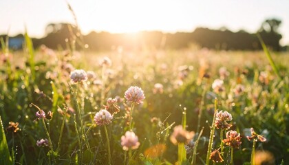 Wall Mural - Field of clover in golden light, dew glistening. Rural countryside scene