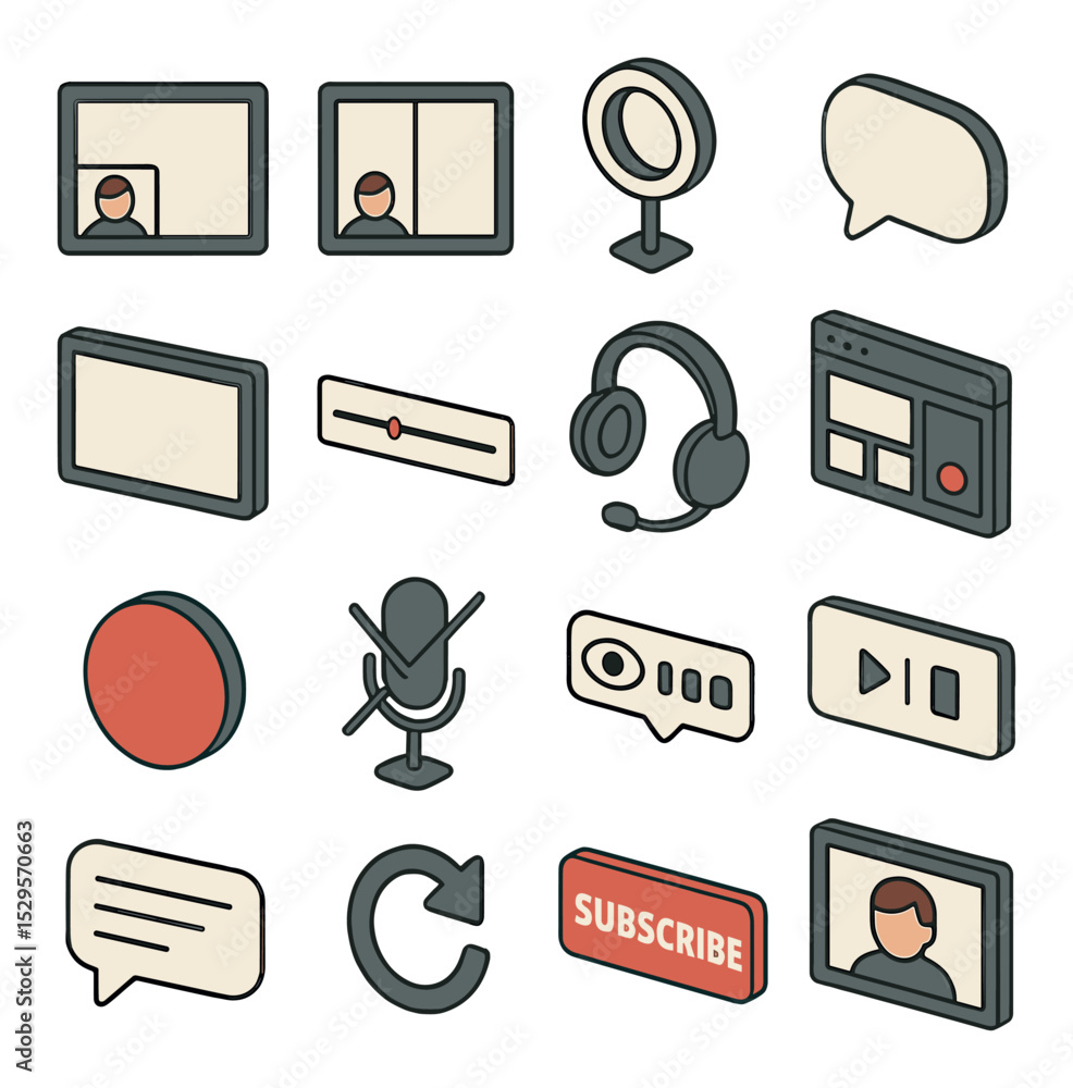 Reaction video setup isometric set. facecam overlay frame, split-screen ...