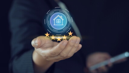 real estate review concept with 5-star house rating icon, representing property quality, housing rep