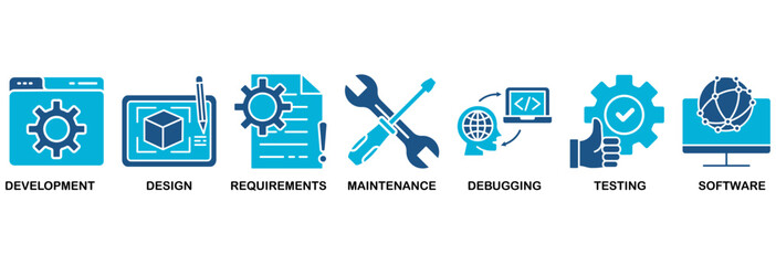 Agile icon set vector illustration concept with icon of development, design, requirements, maintenance, debugging, testing and software
