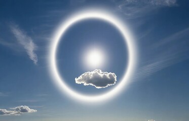 Wall Mural - in the clear sky, the sun surrounded by a complete white halo (solar halo), an isolated cumulus clou