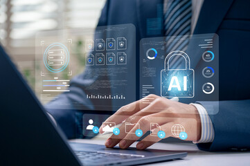 Aufkleber - AI Data Security and Cyber Protection Concept. Businessman Using Laptop and Virtual Interface to Protect Data, Monitor Networks, Encrypt Information, and Ensure Privacy in Cybersecurity Environment.