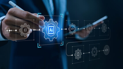 Aufkleber - AI integration and workflow automation technology concept. business hand using stylus to control digital gear interface, symbolizing process optimization, innovation and intelligent business systems