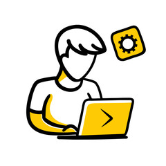 young man working on laptop with settings icon above in modern style
