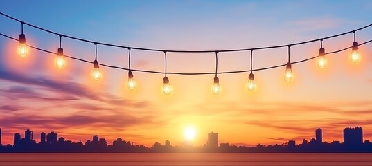 Wall Mural - string lights on a sunset city skyline background, perfect for celebrations and special occasions