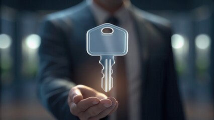Aufkleber - A businessman in a suit presents a floating digital key symbolizing security, access, or technology in a blurred office background.