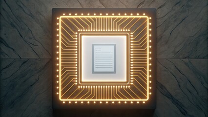 Aufkleber - A glowing microchip with a document icon at its center, representing digital data processing and technology.