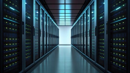 Leinwandbilder - A modern server room corridor with rows of illuminated data racks in a high-tech, secure environment.