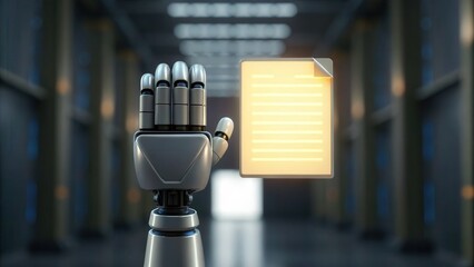 Aufkleber - A robotic hand reaches out toward a glowing digital document, symbolizing interaction between AI and digital information.