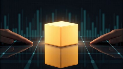 Leinwandbilder - A glowing cube sits on a futuristic digital surface with two hands reaching towards it, surrounded by abstract data visualizations.
