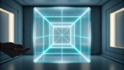 Fototapete - A glowing, transparent cube with neon blue grid lines floats in a futuristic, dimly lit room, with a hand reaching toward it from the left side.