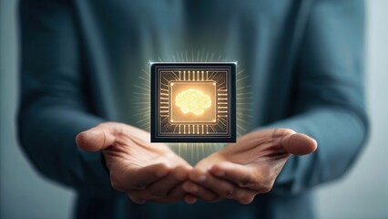 Aufkleber - A person in a suit holds a glowing microchip with a digital brain icon, symbolizing artificial intelligence and advanced technology innovation.