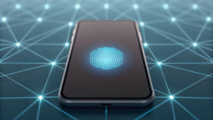 Poster - A smartphone with a glowing fingerprint icon on the screen, symbolizing biometric security and digital connectivity on a networked background.