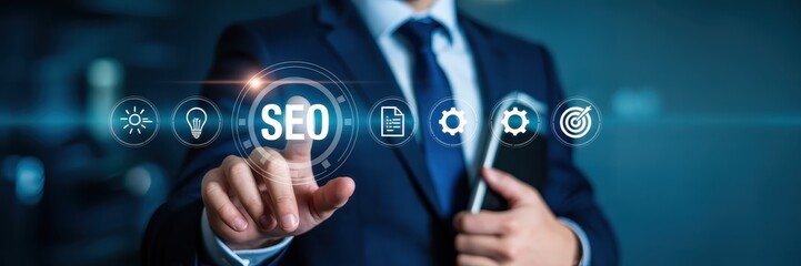 Businessperson interacts with a digital seo interface.
