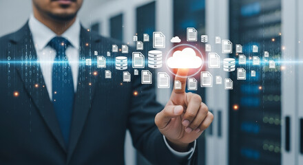 Wall Mural - Businessman in a Suit Pointing at a Cloud Computing Interface with Digital Icons against a Server Room Background