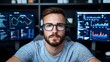 © Chuhada - Focused Male Analyst with Headphones in Office Surrounded by Data Charts and Graphs