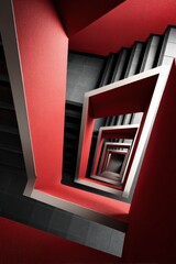 Poster - Abstract Stairwell With Red Accents From Above, Showcasing Modern Architecture and Interior Design Innovation : Generative AI
