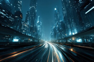 Fototapete - Futuristic Cityscape at Night With Light Trails, Representing Technological Advancement and Urban Innovation in Infrastructure Projects : Generative AI