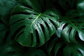 Aufkleber - Monstera Leaves With Water Droplets in Dark Green, Showcasing Tropical Serenity and Botanical Beauty for Sustainable Living : Generative AI