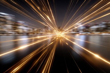 Leinwandbilder - Golden Light Streaks Converging Over Cityscape at Night, Symbolizing Technological Innovation and High-Speed Data Transfer : Generative AI
