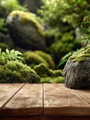 Aufkleber - Wooden Tabletop with Mossy Rocks in a Lush Forest, Ideal for Product Placement and Natural Beauty Marketing Campaigns : Generative AI