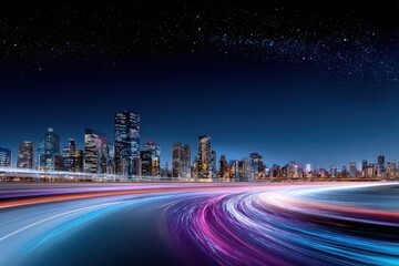 Leinwandbilder - Cityscape at Night With Light Trails Under Starry Sky, Illustrating Urban Connectivity and Technological Advancement for Infrastructure Projects : Generative AI