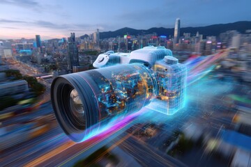 Poster - Digital Camera Wireframe Over Futuristic Cityscape at Dusk, Showcasing Technological Innovation and Digital Transformation in Photography : Generative AI