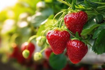 Poster - Ripe Strawberries Hanging on the Vine in Sunlight, Symbolizing Freshness and Healthy Eating for Food Bloggers and Summer Recipes : Generative AI