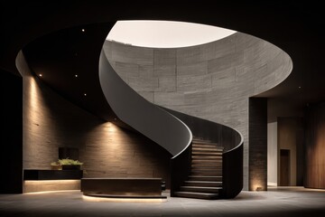 Poster - Modern Spiral Staircase in Dark Stone Interior, Showcasing Architectural Innovation and Interior Design : Generative AI