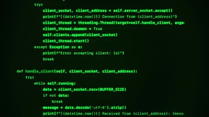 Abstract green programming code on a dark computer screen, representing data security, hacking concepts, or software development. Matrix screen