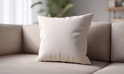 Aufkleber - Beige Pillow on Couch in Minimalist Living Room, Representing Interior Design and Home Comfort : Generative AI