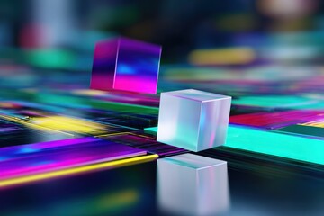 Poster - Iridescent Cubes Floating Above Colorful Lines, Representing Modern Technology and Digital Transformation for Business Innovation and Creative Solutions : Generative AI