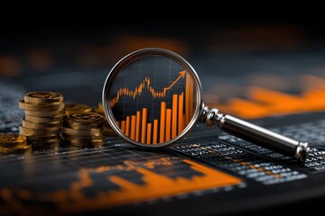 Poster - Magnifying Glass Over Financial Chart With Coins, Representing Investment Analysis and Market Growth Opportunities : Generative AI