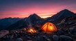 © Tida - Majestic Mountain Sunset Campsite - Illuminated tent and campfire nestled in a rocky mountain range at sunset. Serene and peaceful wilderness scene