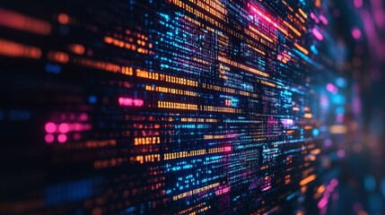 abstract digital background featuring colorful lines of html and php code on computer screen, modern