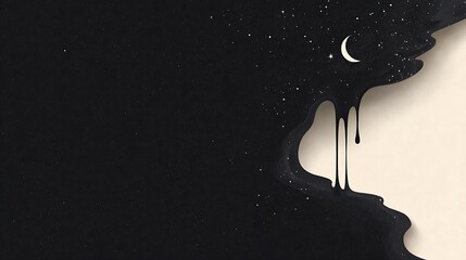 Wall Mural - A minimalist and creative wallpaper design with a small portion of a black, fluid-like shape spilling downward from the top. Within this dark liquid are celestial elements, .