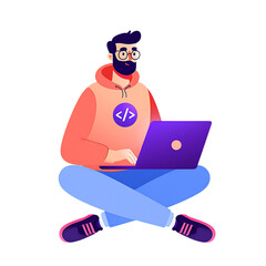 bearded programmer working on laptop isolated on transparent background