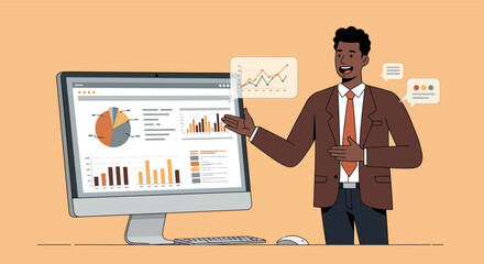Business presentation with data analysis on computer showing graphs and charts vector illustration