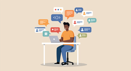 Developer engaged in coding discussion with online community for programming collaboration vector illustration