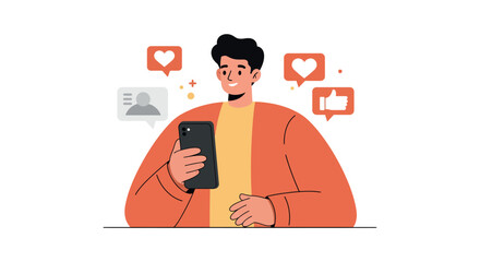 Young man engaging with social media on smartphone - digital interaction and online communication vector illustration