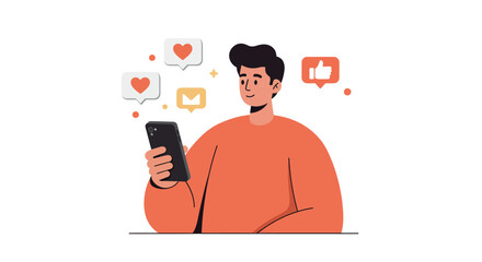 young man engaging with social media through smartphone for communication and connection vector illu