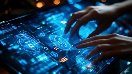 Digital Interface Display with Hands Touching Screen