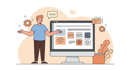 Web development concept with programmer and computer interface design elements vector illustration