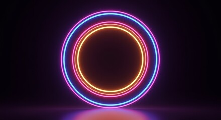 Abstract 3D Rendering of Glowing Neon Circle Ring Light on Dark Scene